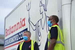 britannia ryans vehicle and team with masks to ensure covid secure