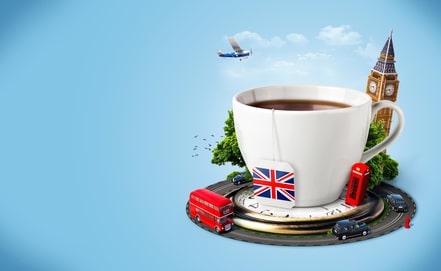 Traditional afternoon tea and famous symbols of England. Tourism
